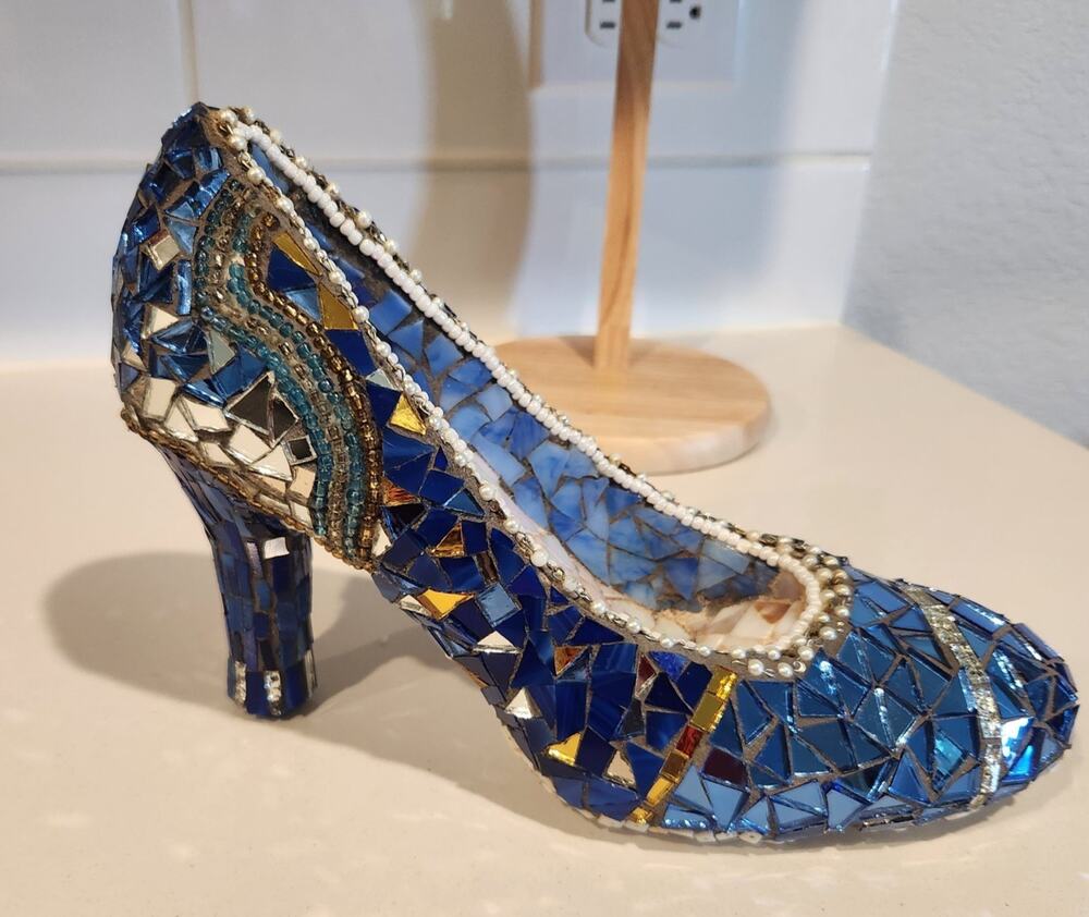 Handmade Blue Mosaic High Heel Shoe Sculpture Mirror Glass Beaded Art Decor 9"